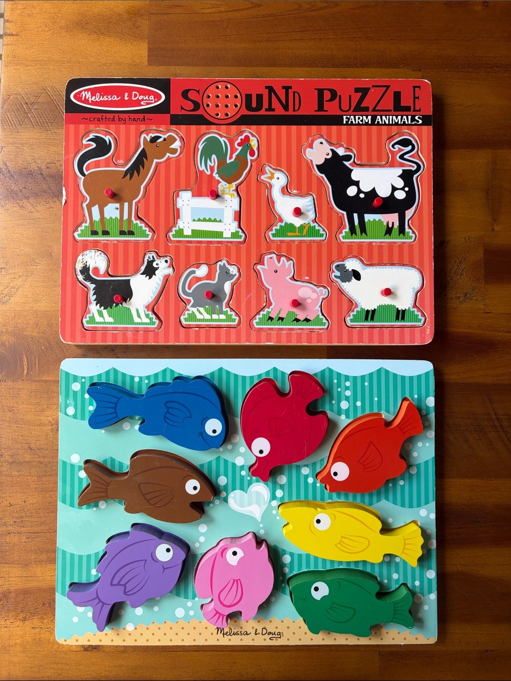Melissa & Doug Multicolor Wooden Fish & Farm Animal Sound Puzzle Set